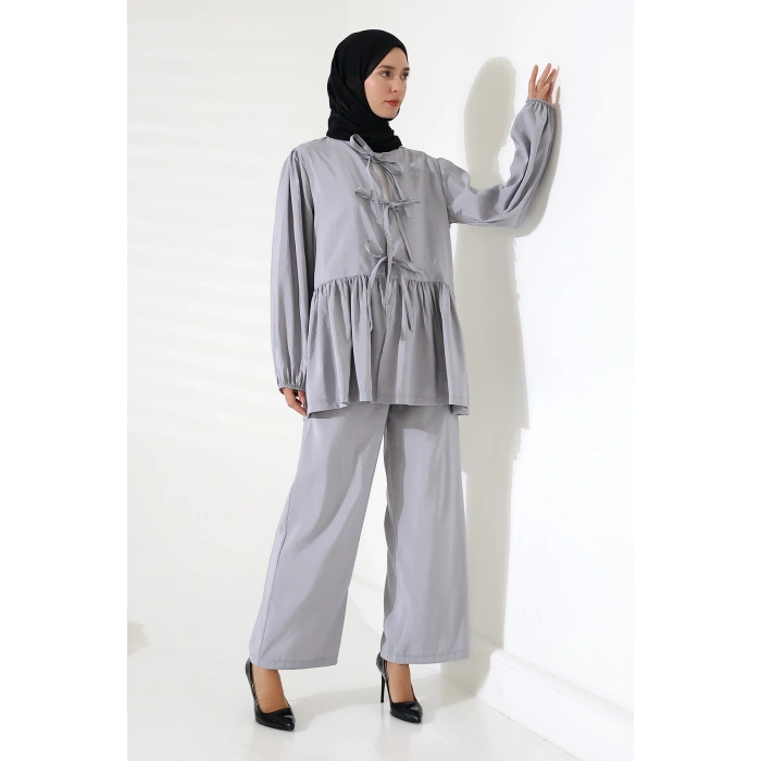 Kadın 100% Pamuk Modal Gri Gömlek Pantolon Tesettür Takım