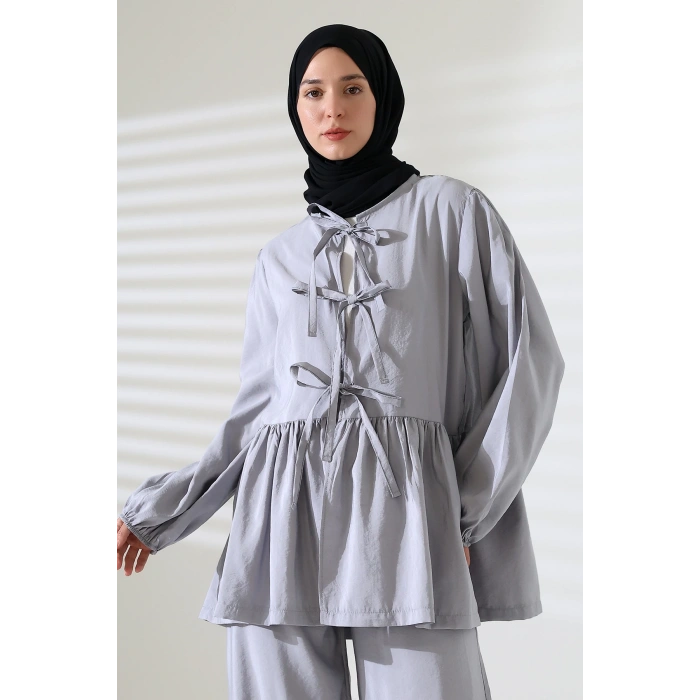 Kadın 100% Pamuk Modal Gri Gömlek Pantolon Tesettür Takım