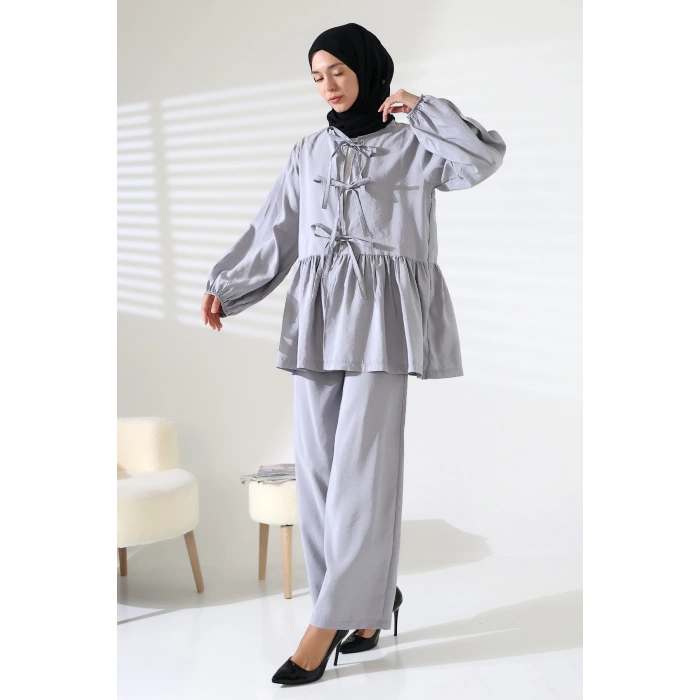 Kadın 100% Pamuk Modal Gri Gömlek Pantolon Tesettür Takım