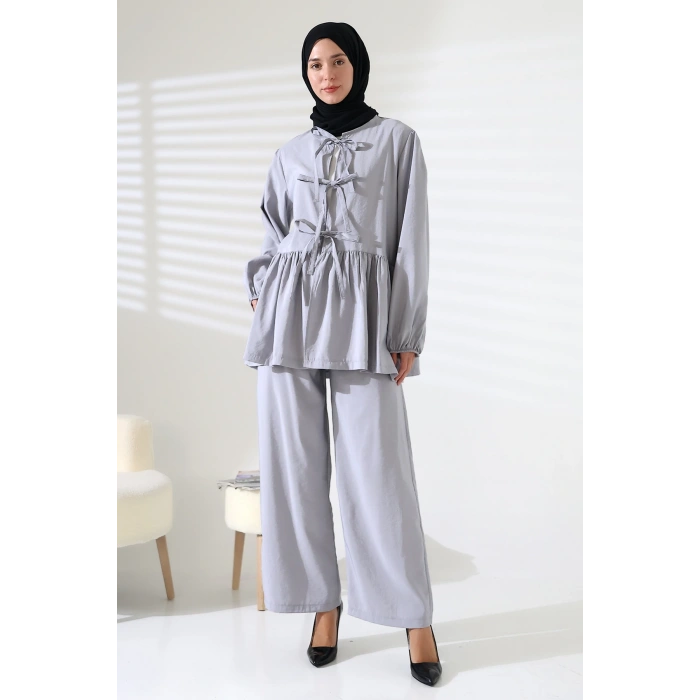 Kadın 100% Pamuk Modal Gri Gömlek Pantolon Tesettür Takım