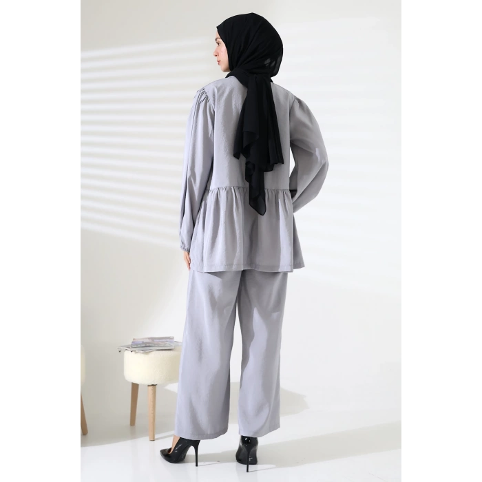 Kadın 100% Pamuk Modal Gri Gömlek Pantolon Tesettür Takım