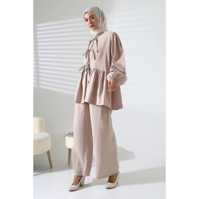 Kadın 100% Pamuk Modal Taş Rengi Gömlek Pantolon Tesettür Takım