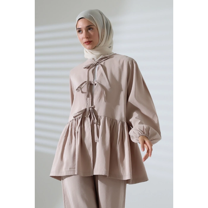 Kadın 100% Pamuk Modal Taş Rengi Gömlek Pantolon Tesettür Takım