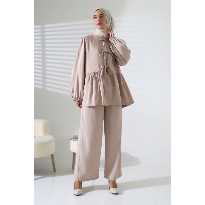 Kadın 100% Pamuk Modal Taş Rengi Gömlek Pantolon Tesettür Takım