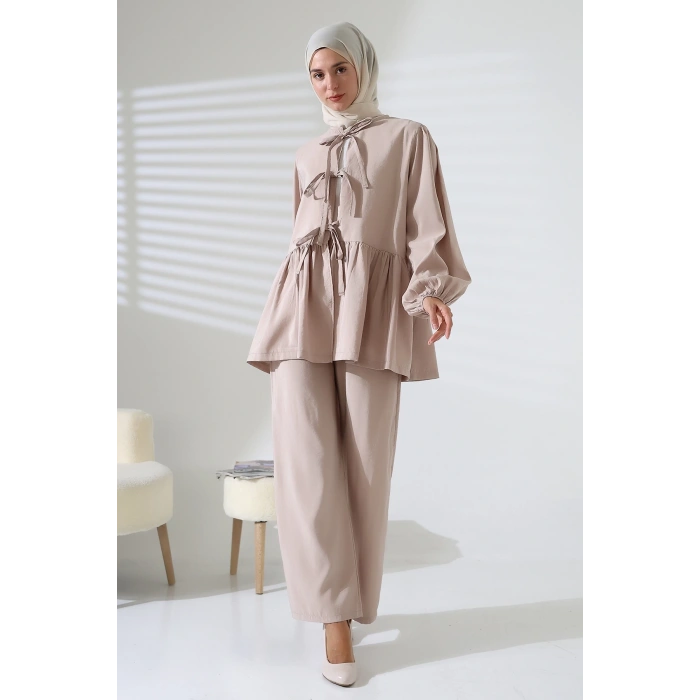 Kadın 100% Pamuk Modal Taş Rengi Gömlek Pantolon Tesettür Takım