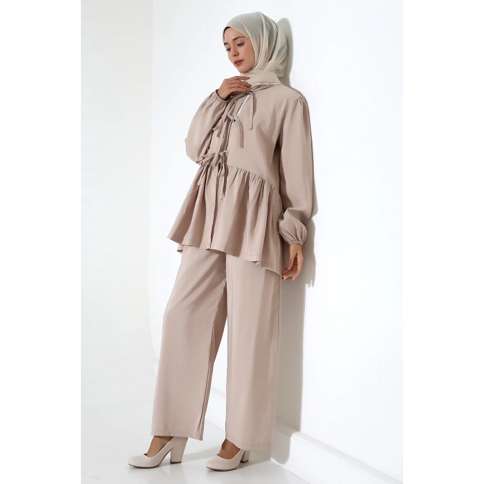 Kadın 100% Pamuk Modal Taş Rengi Gömlek Pantolon Tesettür Takım