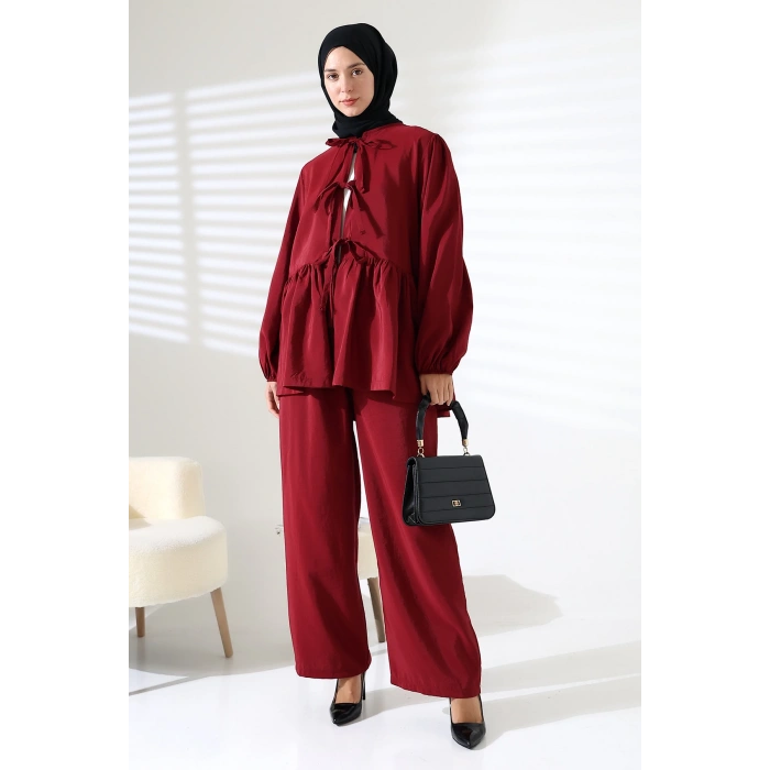 Kadın 100% Pamuk Modal Bordo Gömlek Pantolon Tesettür Takım