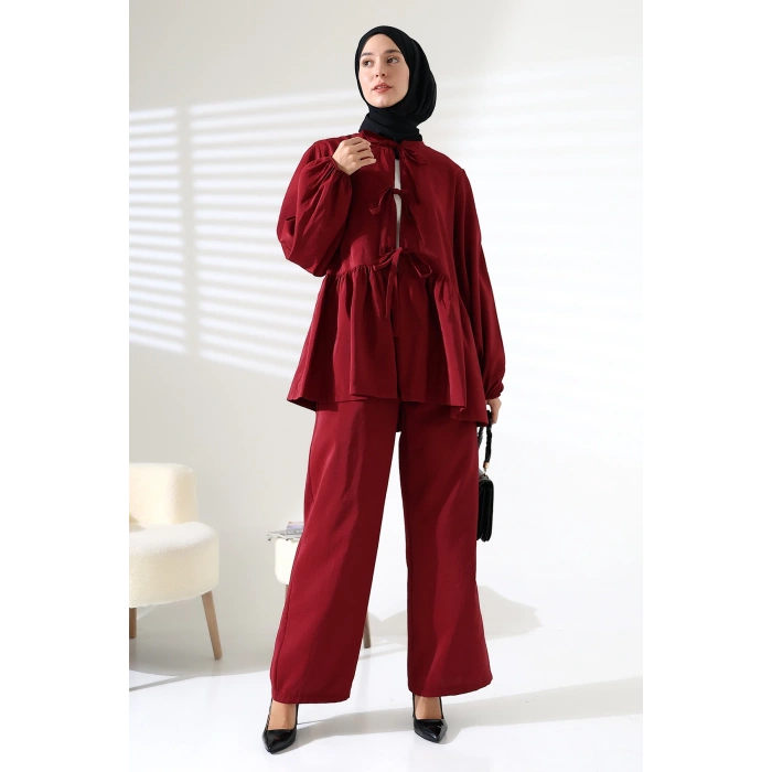 Kadın 100% Pamuk Modal Bordo Gömlek Pantolon Tesettür Takım