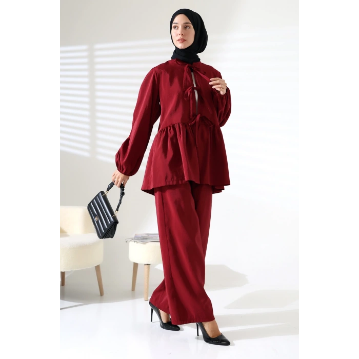 Kadın 100% Pamuk Modal Bordo Gömlek Pantolon Tesettür Takım