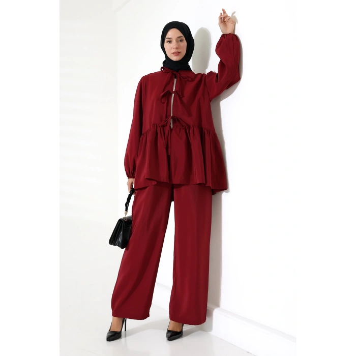 Kadın 100% Pamuk Modal Bordo Gömlek Pantolon Tesettür Takım