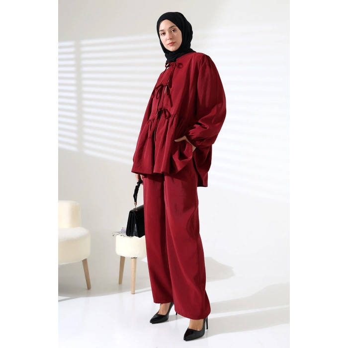 Kadın 100% Pamuk Modal Bordo Gömlek Pantolon Tesettür Takım
