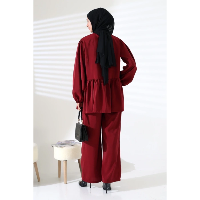 Kadın 100% Pamuk Modal Bordo Gömlek Pantolon Tesettür Takım