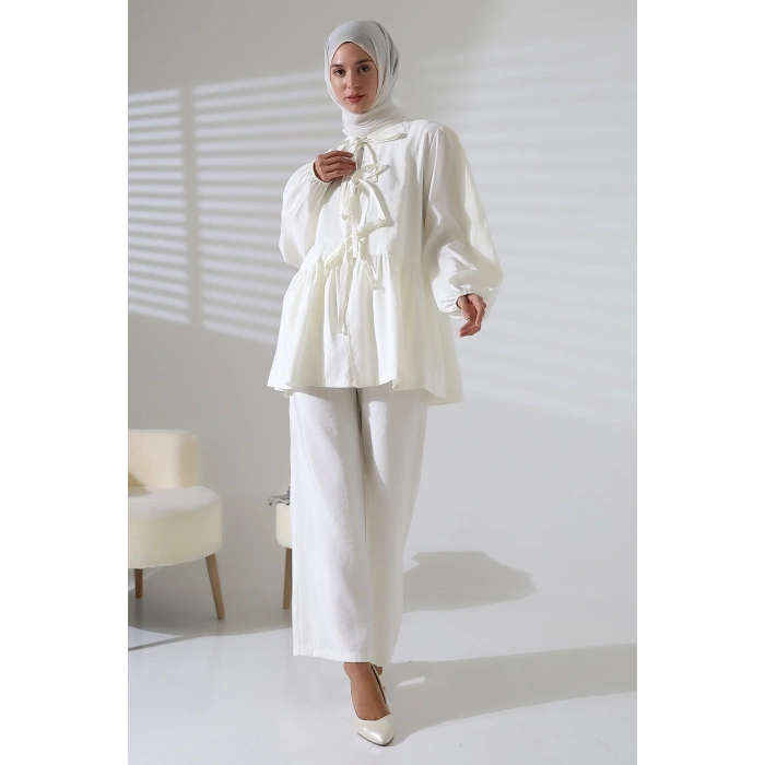 Kadın 100% Pamuk Modal Beyaz Gömlek Pantolon Tesettür Takım