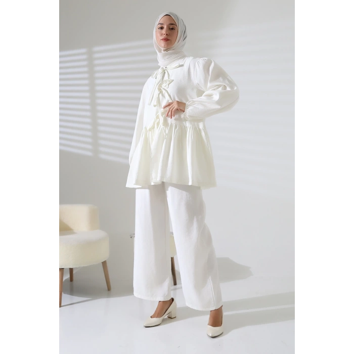 Kadın 100% Pamuk Modal Beyaz Gömlek Pantolon Tesettür Takım