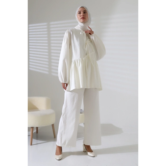 Kadın 100% Pamuk Modal Beyaz Gömlek Pantolon Tesettür Takım