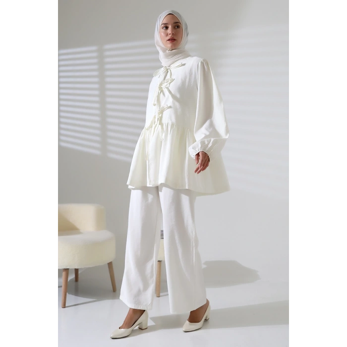 Kadın 100% Pamuk Modal Beyaz Gömlek Pantolon Tesettür Takım