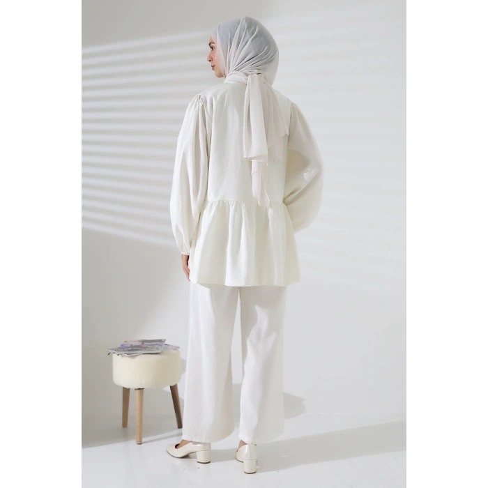 Kadın 100% Pamuk Modal Beyaz Gömlek Pantolon Tesettür Takım