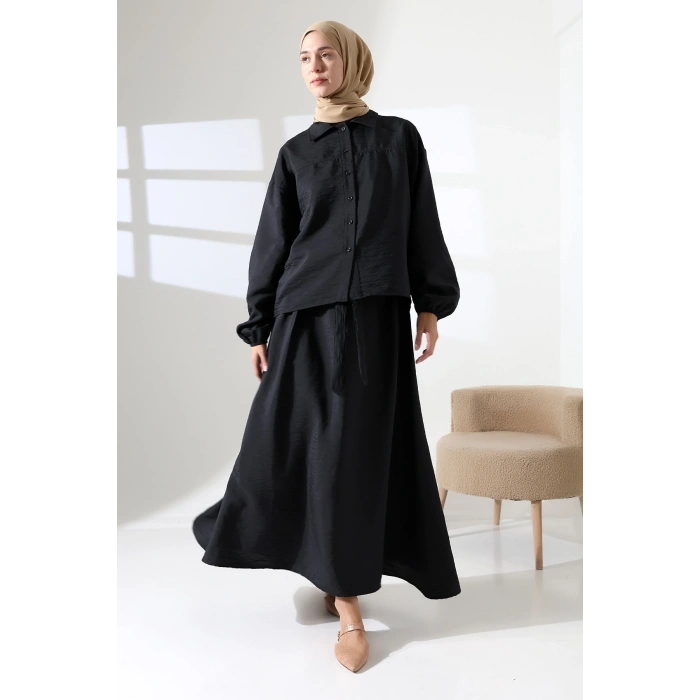 Kadın 100% Pamuk Modal Siyah Gömlek Etek Tesettür Takım