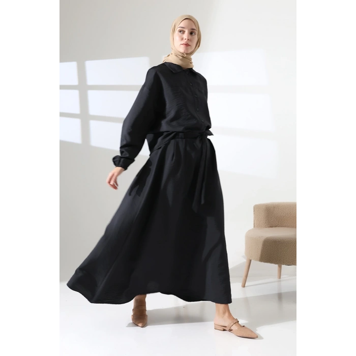 Kadın 100% Pamuk Modal Siyah Gömlek Etek Tesettür Takım