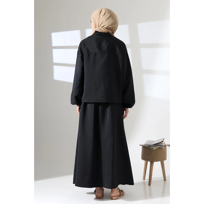 Kadın 100% Pamuk Modal Siyah Gömlek Etek Tesettür Takım