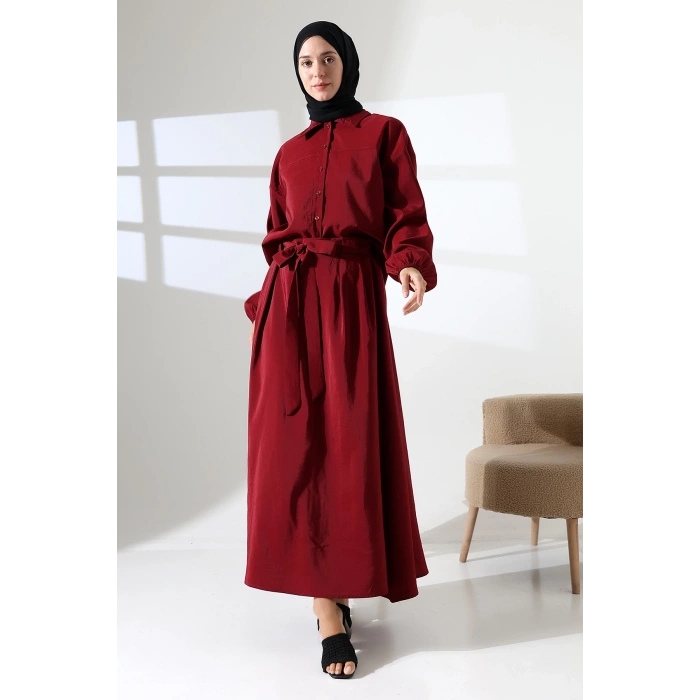 Kadın 100% Pamuk Modal Bordo Gömlek Etek Tesettür Takım