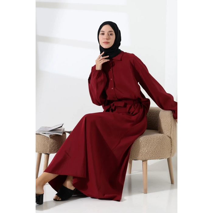 Kadın 100% Pamuk Modal Bordo Gömlek Etek Tesettür Takım