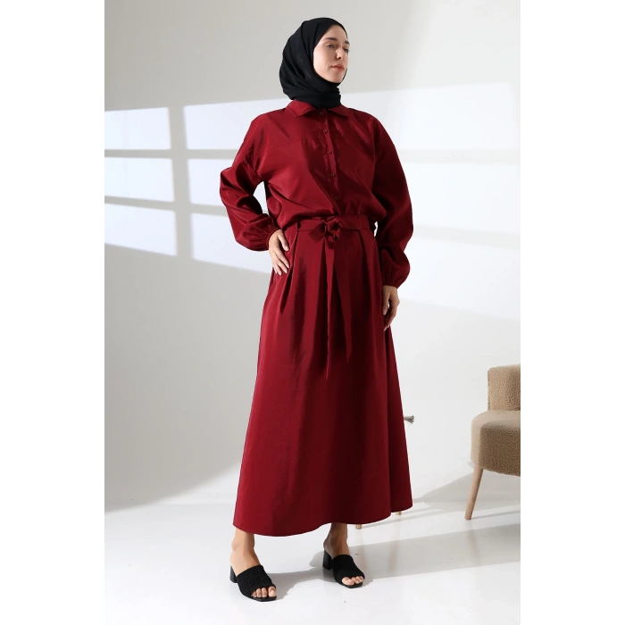 Kadın 100% Pamuk Modal Bordo Gömlek Etek Tesettür Takım