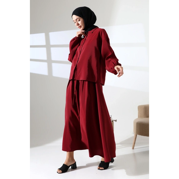 Kadın 100% Pamuk Modal Bordo Gömlek Etek Tesettür Takım