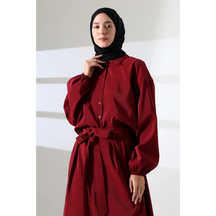 Kadın 100% Pamuk Modal Bordo Gömlek Etek Tesettür Takım