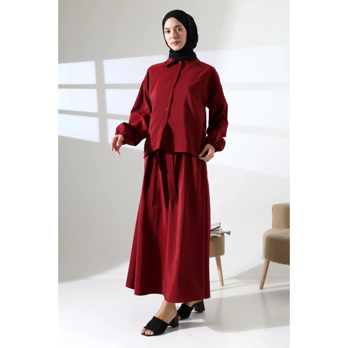 Kadın 100% Pamuk Modal Bordo Gömlek Etek Tesettür Takım