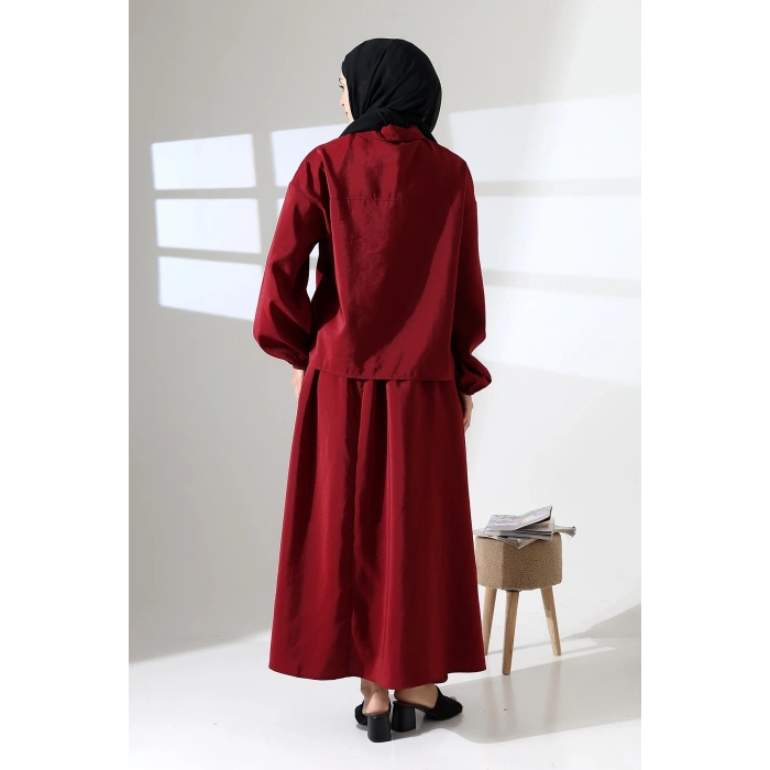 Kadın 100% Pamuk Modal Bordo Gömlek Etek Tesettür Takım