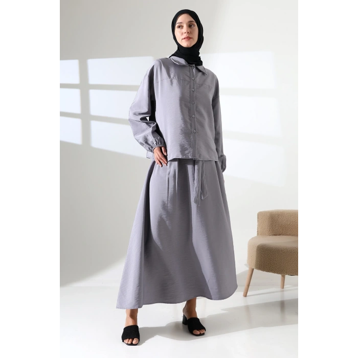 Kadın 100% Pamuk Modal Gri Gömlek Etek Tesettür Takım