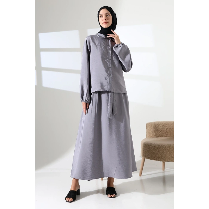 Kadın 100% Pamuk Modal Gri Gömlek Etek Tesettür Takım