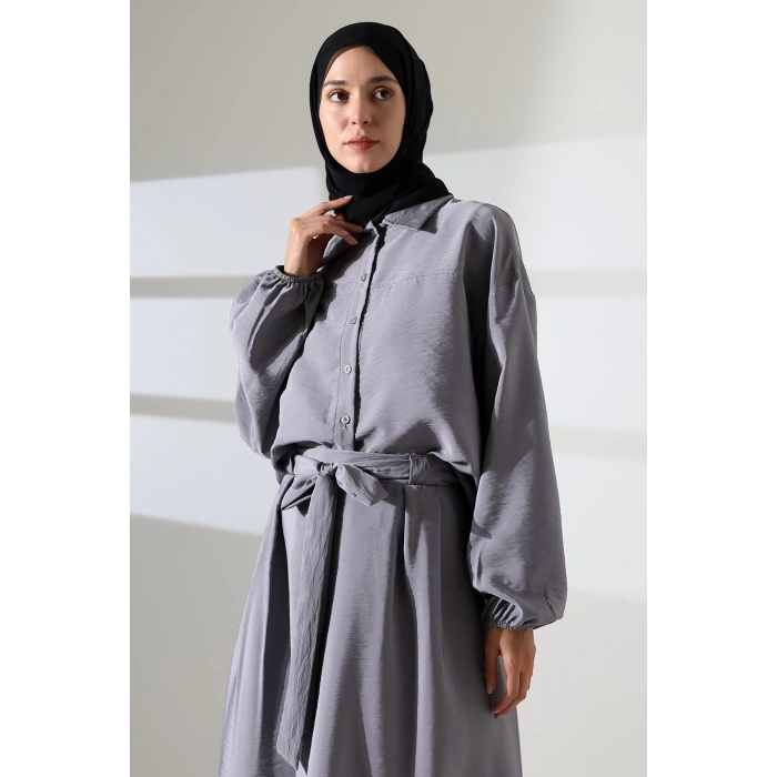 Kadın 100% Pamuk Modal Gri Gömlek Etek Tesettür Takım