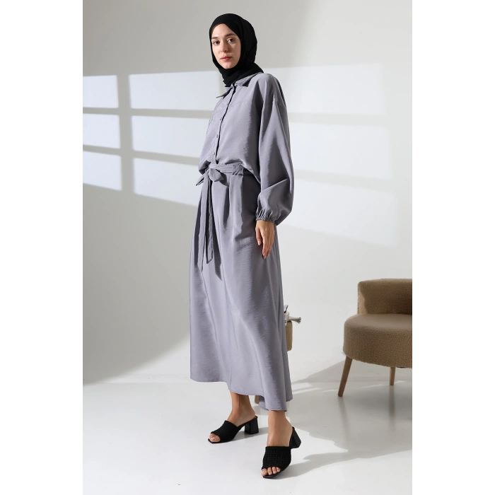 Kadın 100% Pamuk Modal Gri Gömlek Etek Tesettür Takım