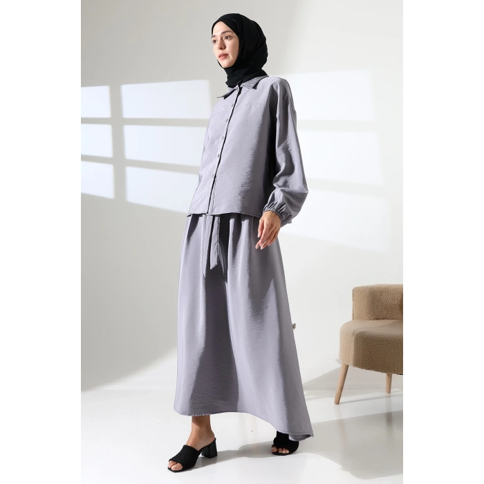 Kadın 100% Pamuk Modal Gri Gömlek Etek Tesettür Takım