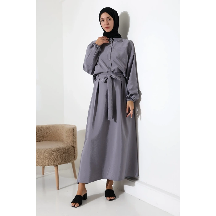Kadın 100% Pamuk Modal Gri Gömlek Etek Tesettür Takım