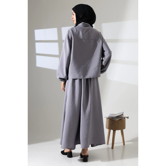 Kadın 100% Pamuk Modal Gri Gömlek Etek Tesettür Takım