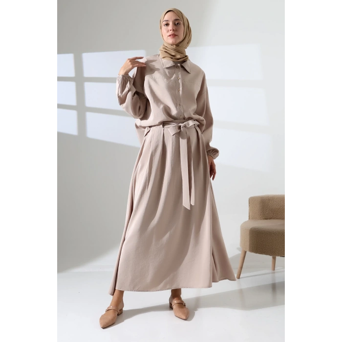 Kadın 100% Pamuk Modal Krem Gömlek Etek Tesettür Takım