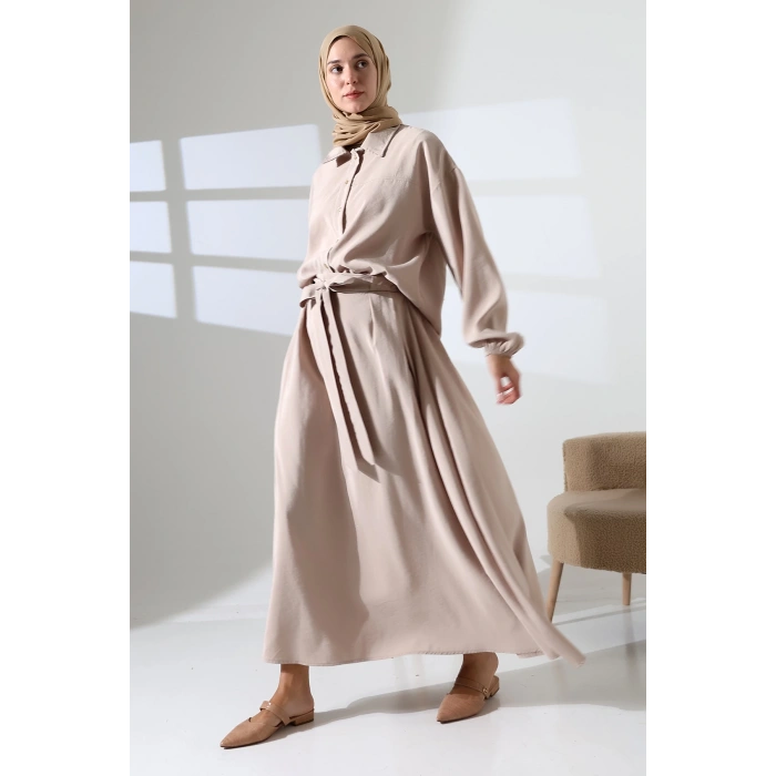 Kadın 100% Pamuk Modal Krem Gömlek Etek Tesettür Takım