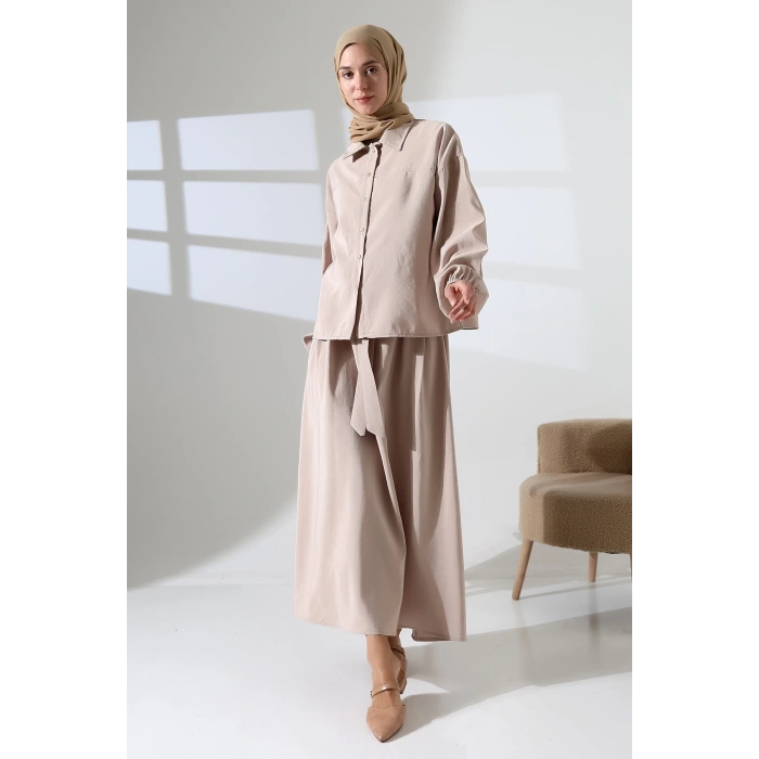 Kadın 100% Pamuk Modal Krem Gömlek Etek Tesettür Takım