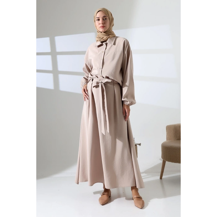 Kadın 100% Pamuk Modal Krem Gömlek Etek Tesettür Takım