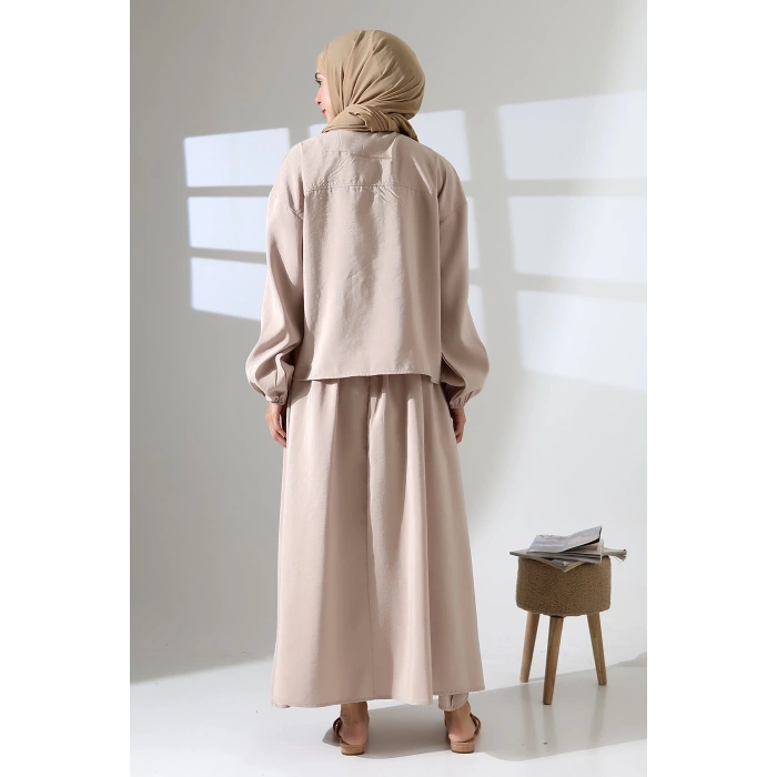 Kadın 100% Pamuk Modal Krem Gömlek Etek Tesettür Takım