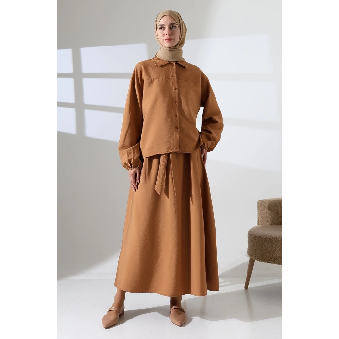 Kadın 100% Pamuk Modal Camel Gömlek Etek Tesettür Takım