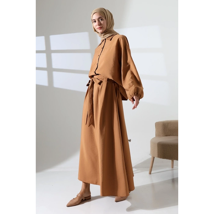 Kadın 100% Pamuk Modal Camel Gömlek Etek Tesettür Takım