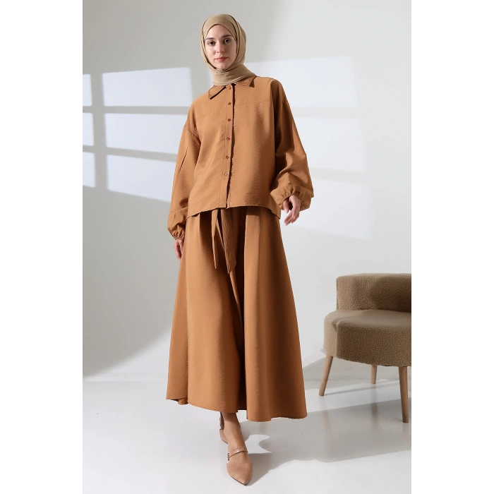 Kadın 100% Pamuk Modal Camel Gömlek Etek Tesettür Takım