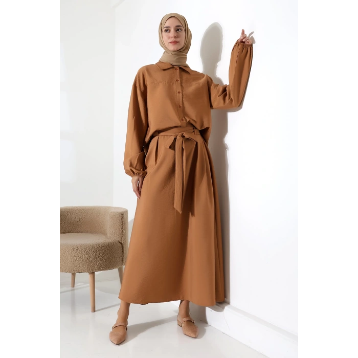 Kadın 100% Pamuk Modal Camel Gömlek Etek Tesettür Takım