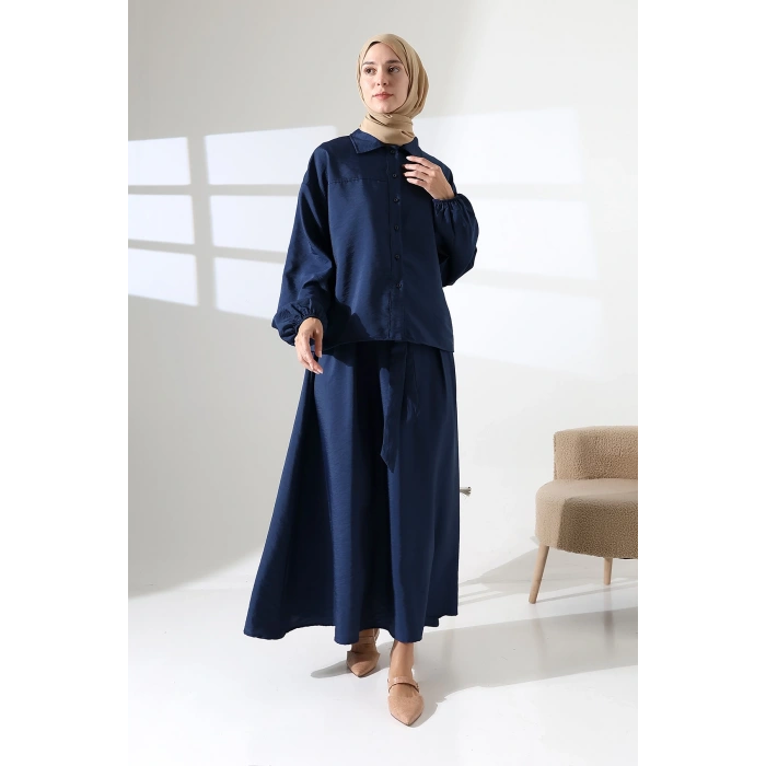 Kadın 100% Pamuk Modal Lacivert Gömlek Etek Tesettür Takım
