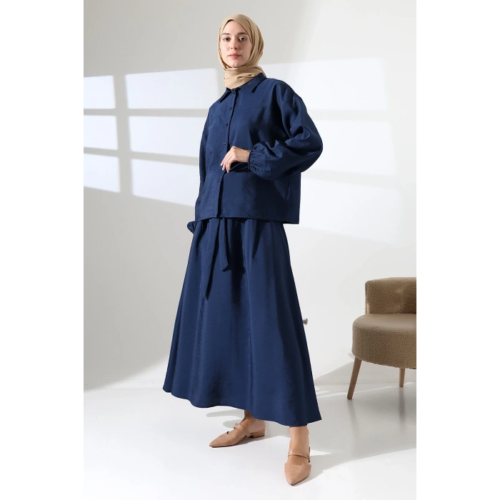 Kadın 100% Pamuk Modal Lacivert Gömlek Etek Tesettür Takım