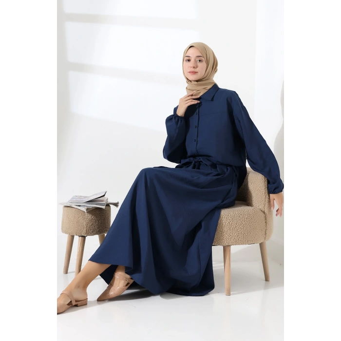 Kadın 100% Pamuk Modal Lacivert Gömlek Etek Tesettür Takım